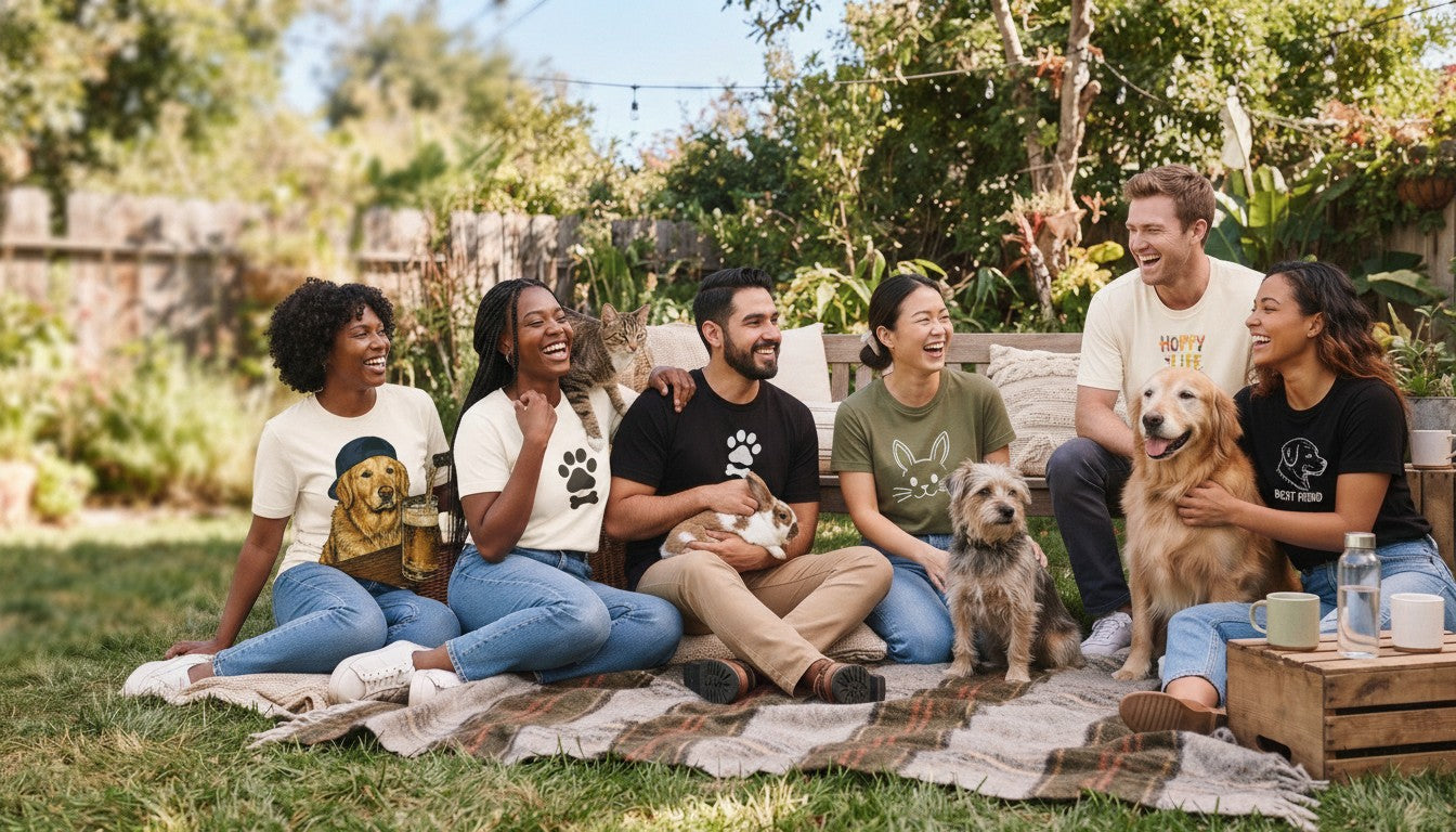 Friends and their pets together in a sunny backyard, wearing Animal Obsessed tees