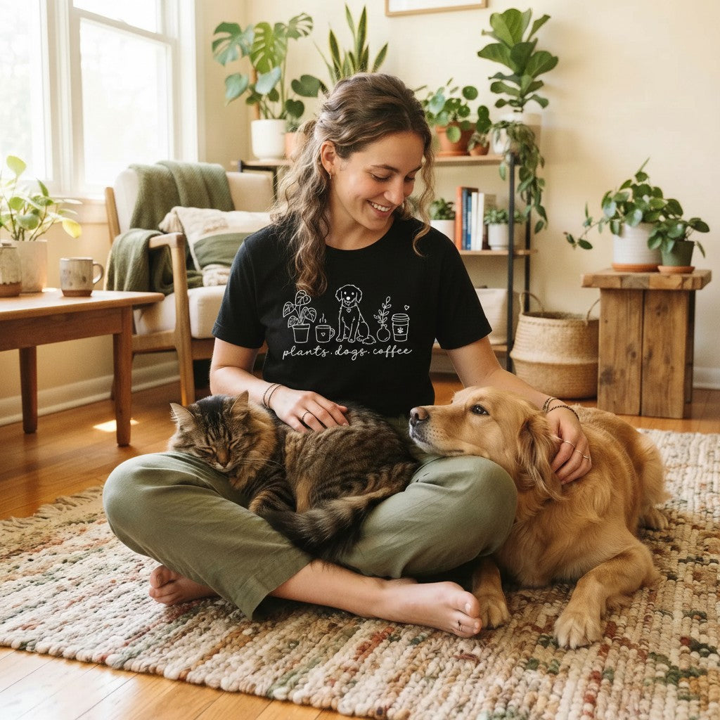 A person in an Animal Obsessed tee sitting on a rug with their cat and dog