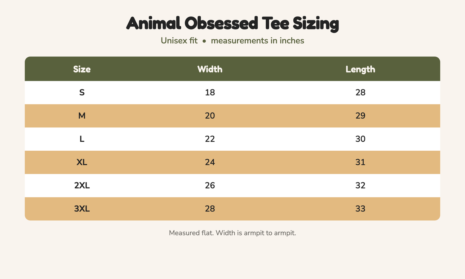 Animal Obsessed unisex tee sizing chart, measurements in inches