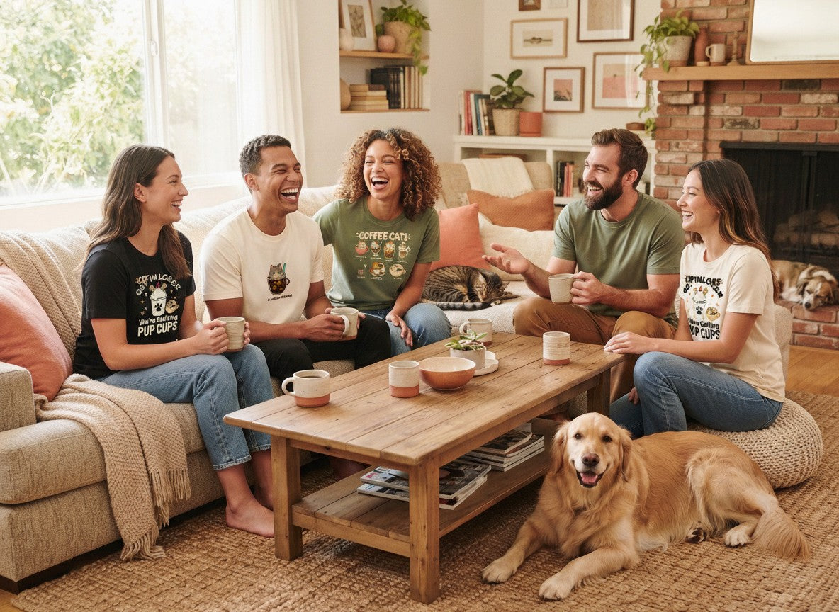 Friends in Animal Obsessed tees laughing together with their pets