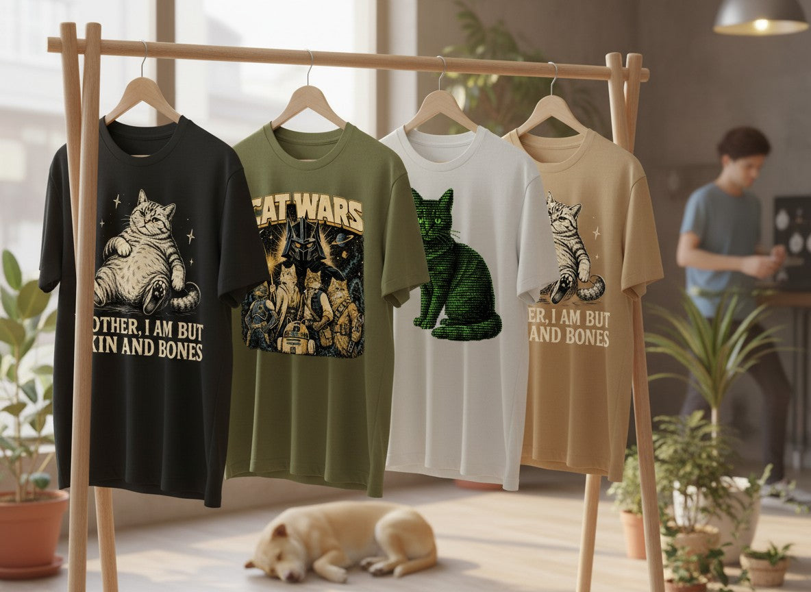 Animal Obsessed graphic tees hanging on a wooden clothing rack